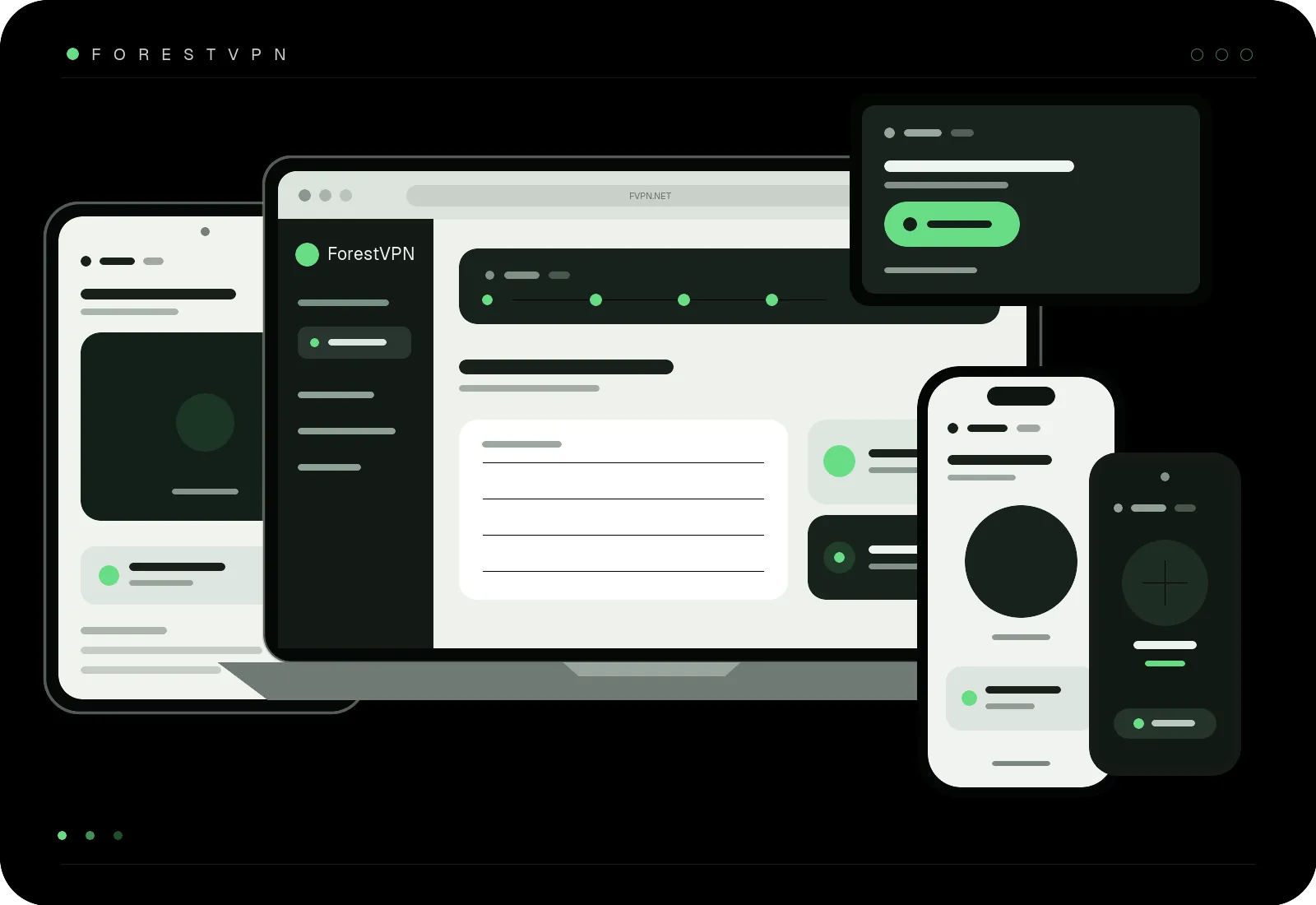 Illustrative ForestVPN app wireframes across iPhone, iPad, macOS, tvOS, Android, and web; Windows and Linux are marked in development.